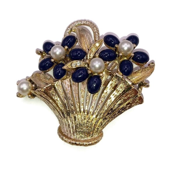 Gold Basket of‎ White and Blue Flowers Brooch - Picture 1 of 3